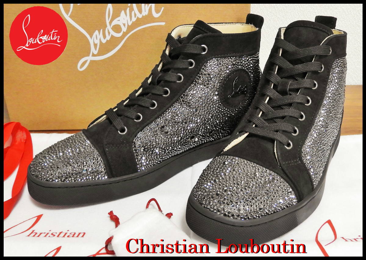 新品 Christian Louboutin ルイス ストラス メンズ 41 クリスチャンルブタン ブラック 黒 ベロア スワロフスキー ハイカット スニーカー