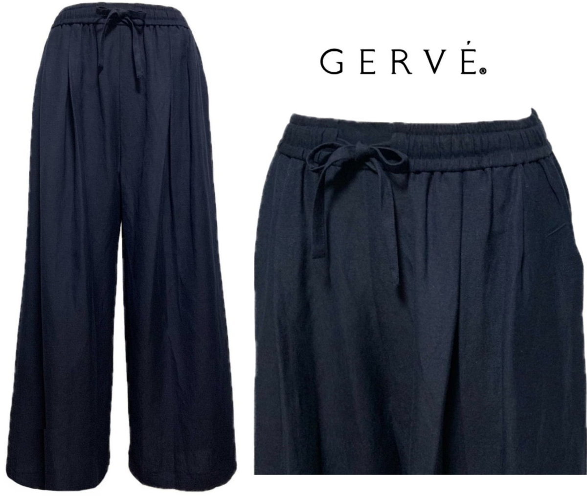 GERVE Drawcord Моющиеся широкие брюки из смеси конопли темно-синий размер42 No 11 размер L Сделано в Японии