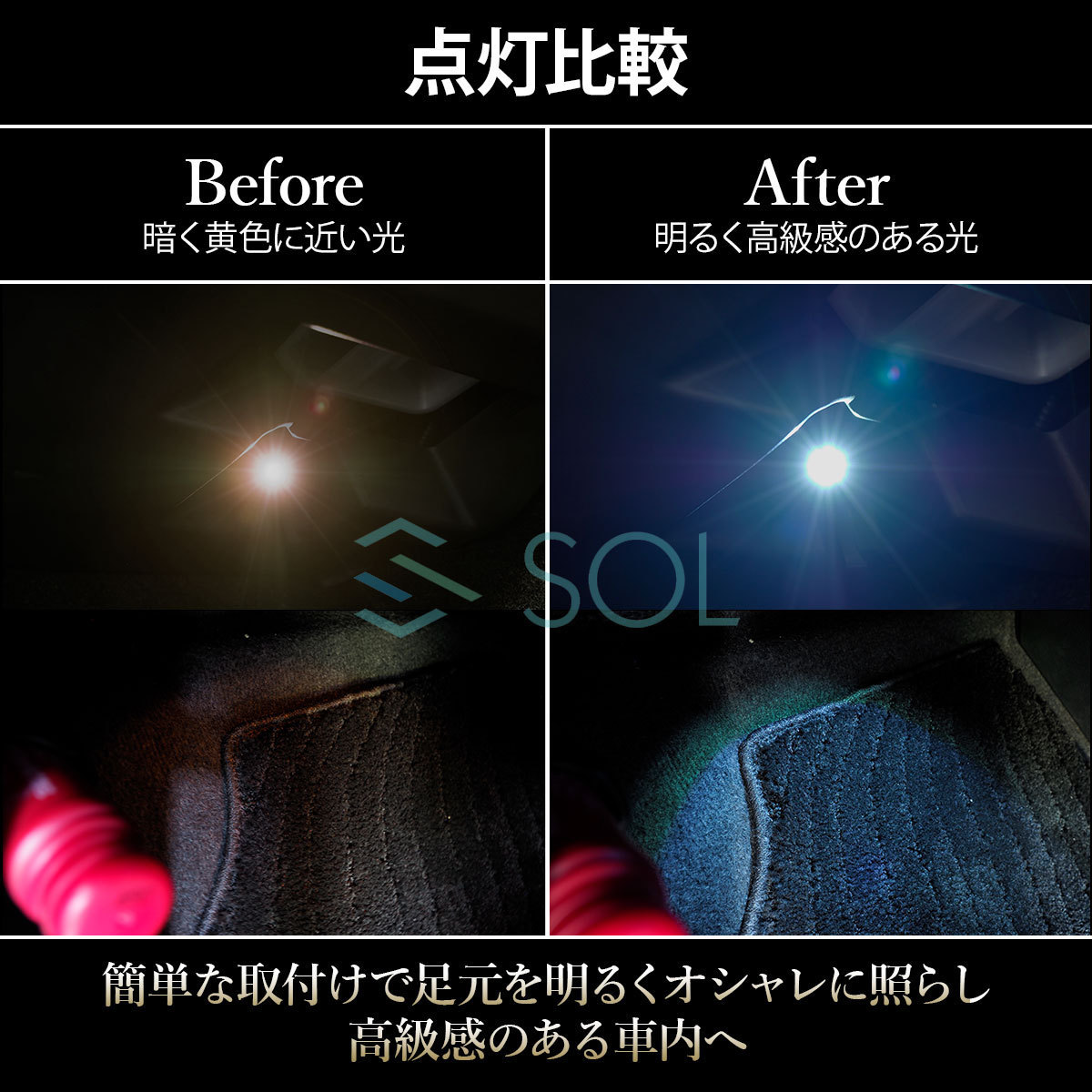 トヨタ オーリス プリウス プリウスα SAI SOLオリジナル LED イルミネーションランプ フットランプ インナーランプ ホワイト 2個セット_画像4