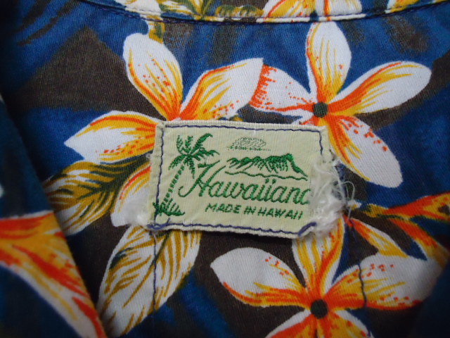 即決　ハワイ　Hawaiiana　ヴィンテージ　アロハシャツ　紺・水・茶色　花・葉っぱ・他柄　S_画像5