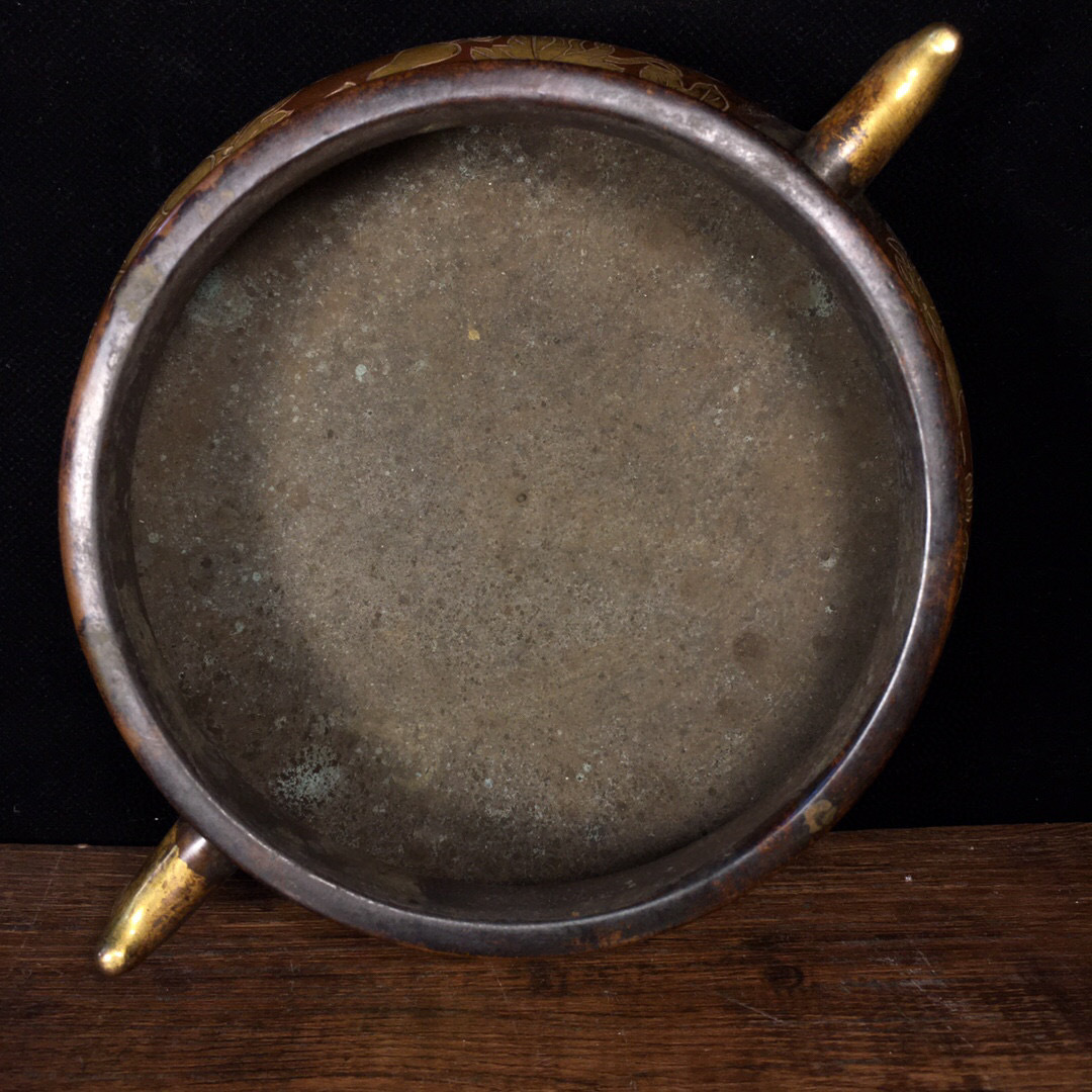 蔵友館蔵品・紫銅製・金鍍・ひょうたん紋・雙耳香炉】・希少珍品・ 蔵友館蔵品・紫銅製・金鍍・ひょうたん紋・雙耳香炉】・希少珍品・