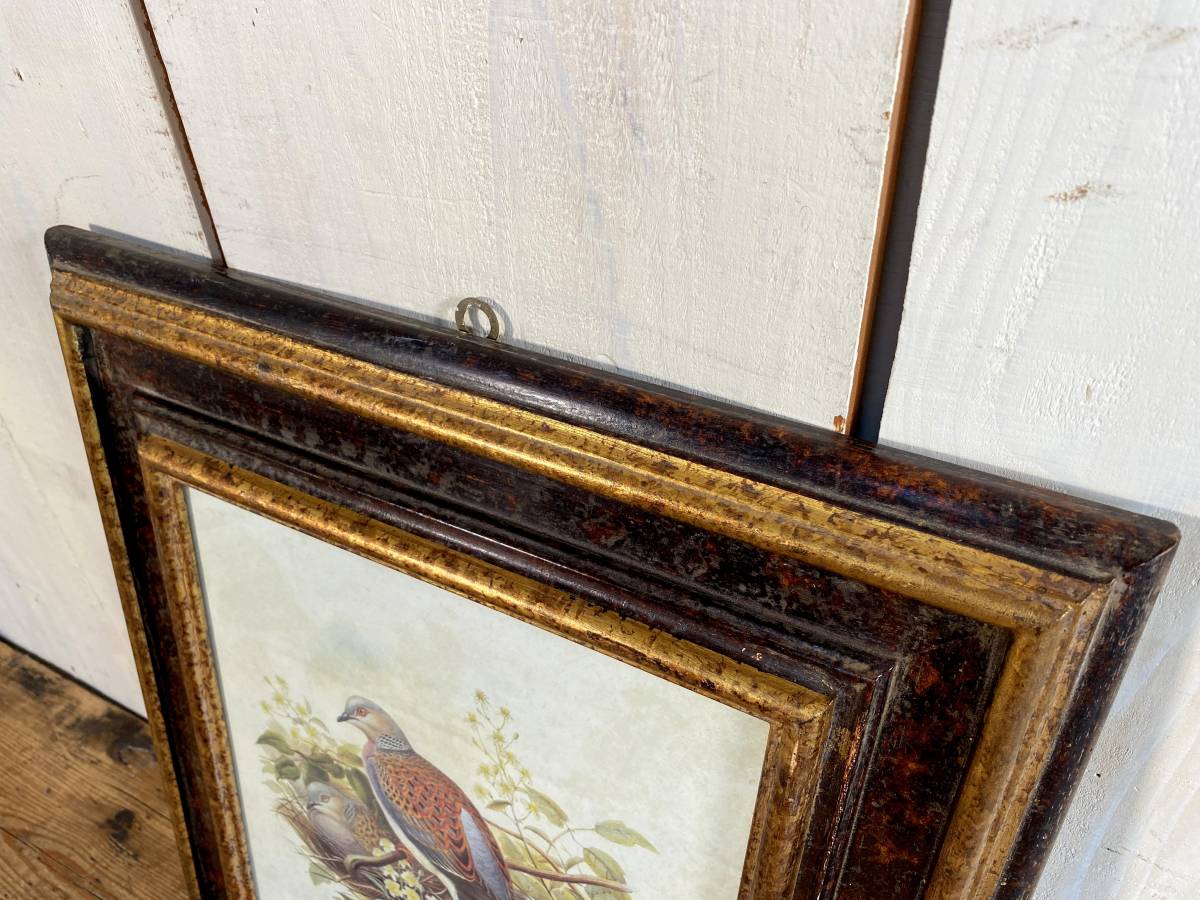 イタリア製 ヴィンテージ 鳥の絵が入った 古い木の額縁 約44.5×38.5