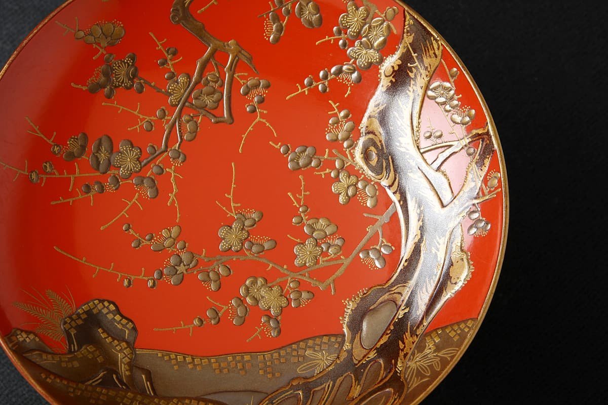 EC852 時代物【遠州公御用塗師 近藤道恵 作 花押】朱漆塗 松竹梅高蒔絵三つ組盃 共箱附・歳寒三友蒔絵盃 江戸-明治時代_商品詳細もご覧ください