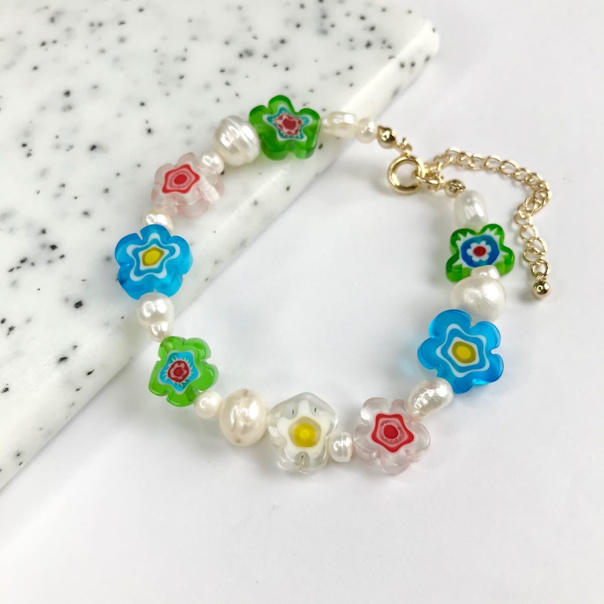 ビーズブレスレット 淡水パール ミルフィオリ mojom whim eliou