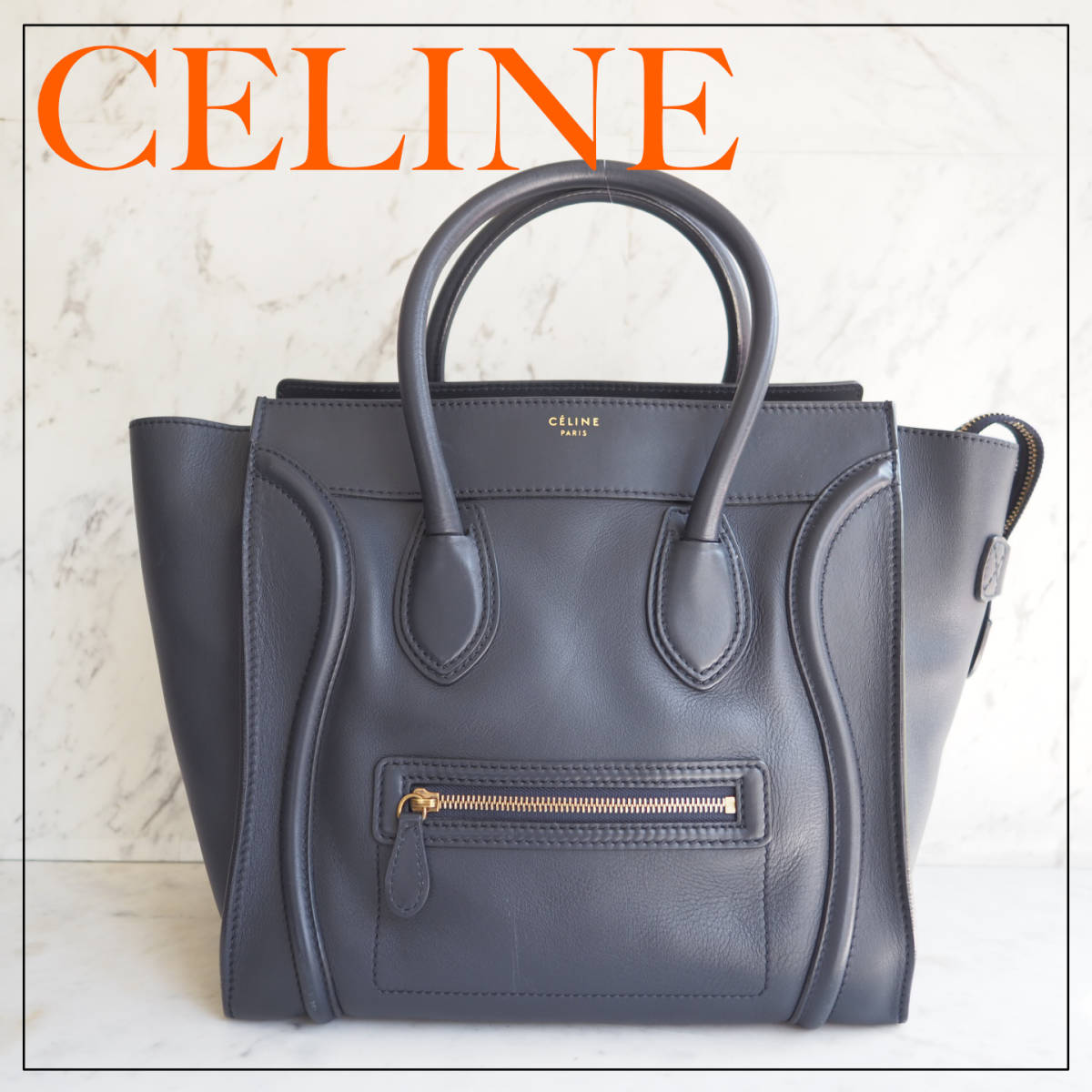 セリーヌ CELINE ラゲージ ミディアムショッパー ハンドバッグ トートバッグ スムースカーフ ネイビー_画像1