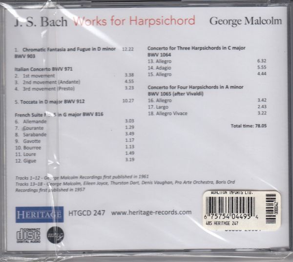 [CD/Heritage]バッハ：半音階的幻想曲とフーガニ短調BWV.903&イタリア協奏曲BWV.971&トッカータニ長調BWV.912他/J.マルコム(cemb) 1961他_画像2