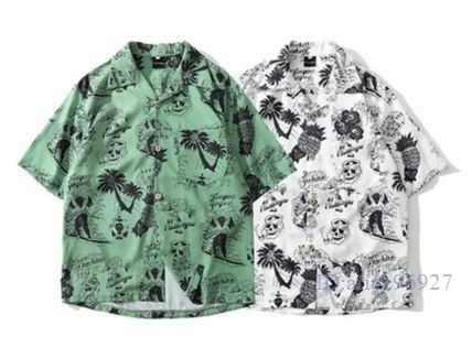 M731★新品 アロハシャツ　半袖シャツ　カラー　２色　柄物　ロック　白　緑　メンズ　レディース　ユニセックス_画像1