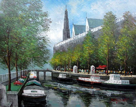 油彩画 洋画 油絵額縁付き 納品対応可 M3号 アムステルダムの運河 中島 
