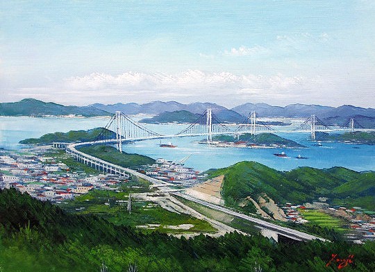 油彩画 洋画 (油絵額縁付きで納品対応可) F3号 「しまなみ街道」 辻 京子_画像1