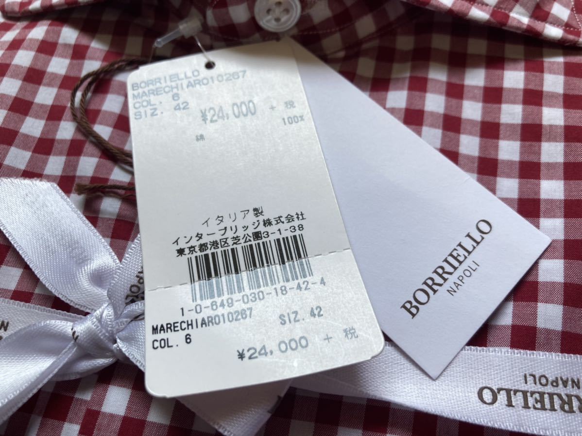 新品　ボリエッロ（伊）　ギンガムチェックシャツ４２　　赤白　ナポリのカミッチェリア　イタリア製　定価２．６万円_画像6