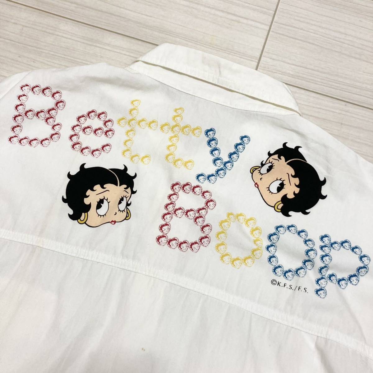 90s◆BETTY BOOP ベティーブープ◆デカプリント シャツ モードパル M 白 ホワイト 半袖 伊藤忠 アニメ ベティちゃん ボタンダウン BD_画像6