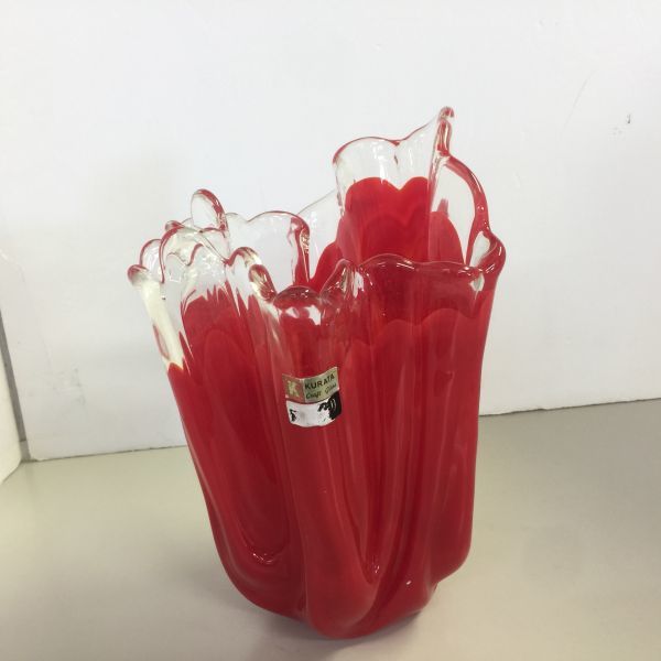 [ б/у включая доставку ] Showa Retro KURATA CRAFT GLASS ваза . высота ( примерно )19cm× ширина ( примерно )15cm× калибр ( примерно ) 13cm оттенок красного *D5950