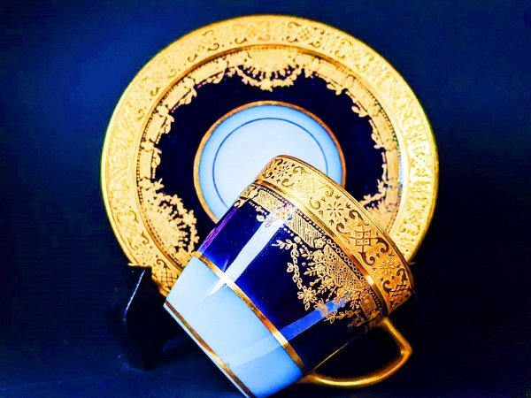 Limoges リモージュ J.Pouyat ジャン・プーヤ アンティーク 藍 豪華金盛装飾 キャビネット用 カップ ソーサー_画像3
