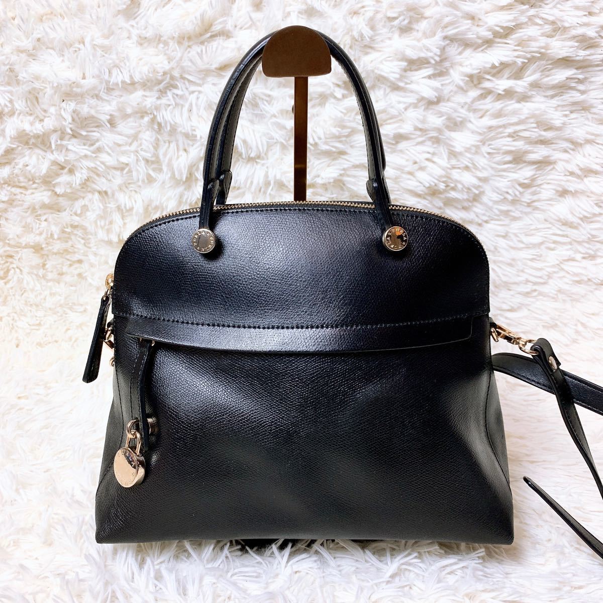 FURLA フルラ 2way ショルダーバッグ ハンドバッグ レザー ブラック 黒 パイパー チャーム付 レザー レディース 2