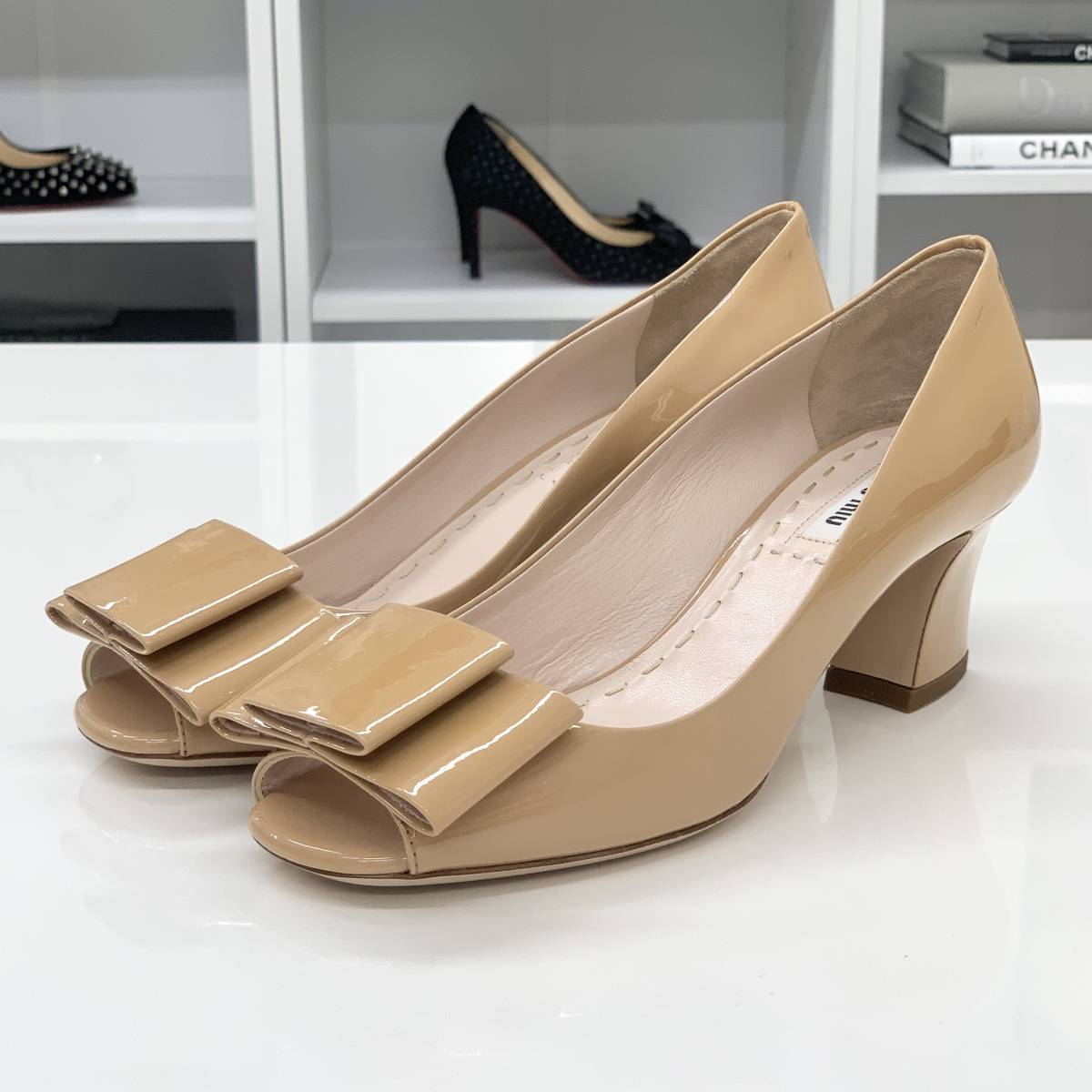 4237 unused MiuMiu pa tent ribbon open tu pumps beige 