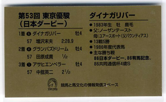 ★非売品 ダイナガリバー 第53回東京優駿（日本ダービー） 単勝馬券型 カード ＪＲＡ プラザエクウス名馬カード 増沢末夫 競馬カード 即決