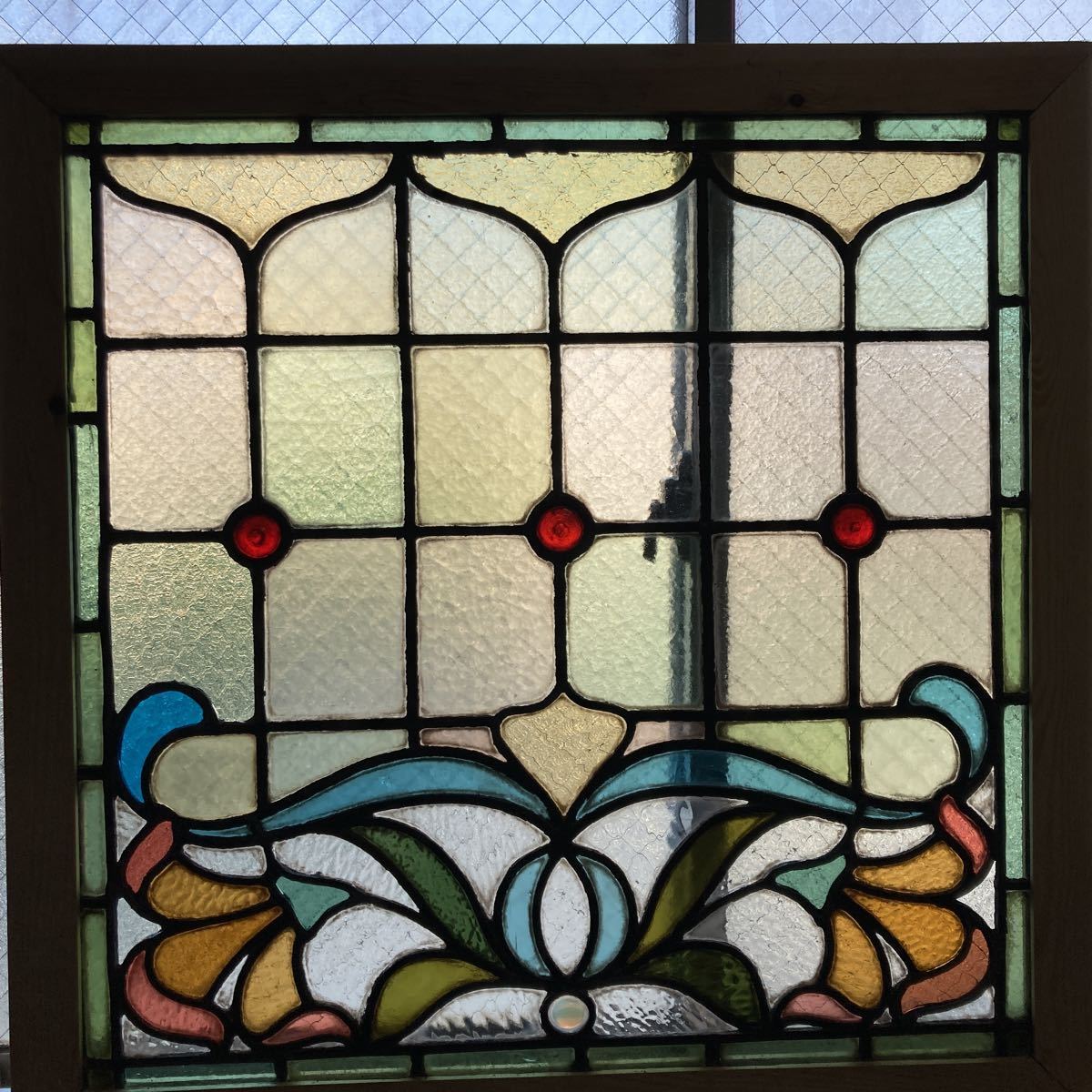 8s-259 アンティークステンドグラス ロンデル/マルチカラー/ジュエルカットガラス/花草柄 1920年代英国製/イギリス製