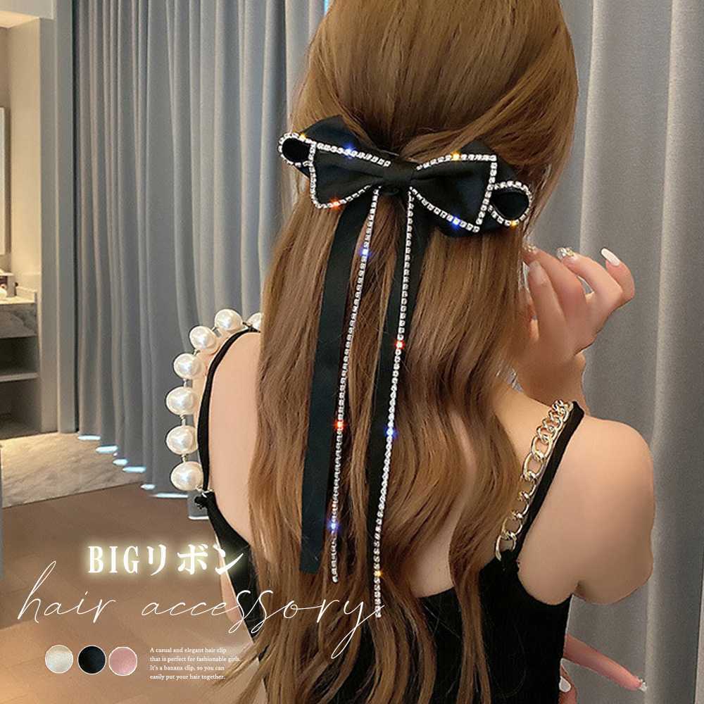 ブラック ベロア リボン ビック バレッタ 黒 韓国 ヘアピン ヘアリボン 髪飾