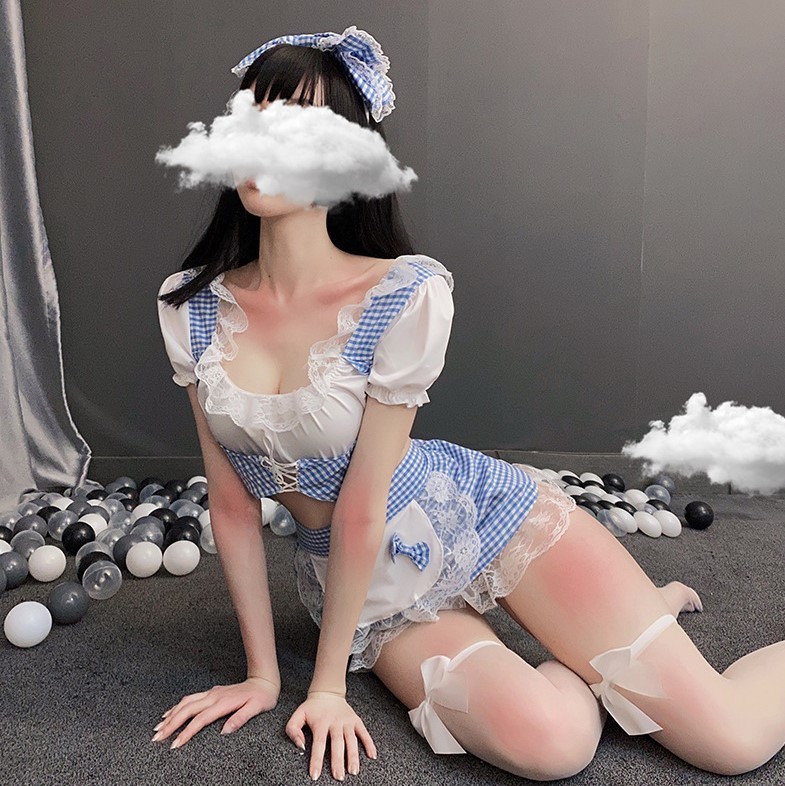 34　メイド服コスプレセット　　ミニ丈　チェック　ホワイトブルー　セクシー　リボン　フリル　カチューシャ　ストッキング　青白　