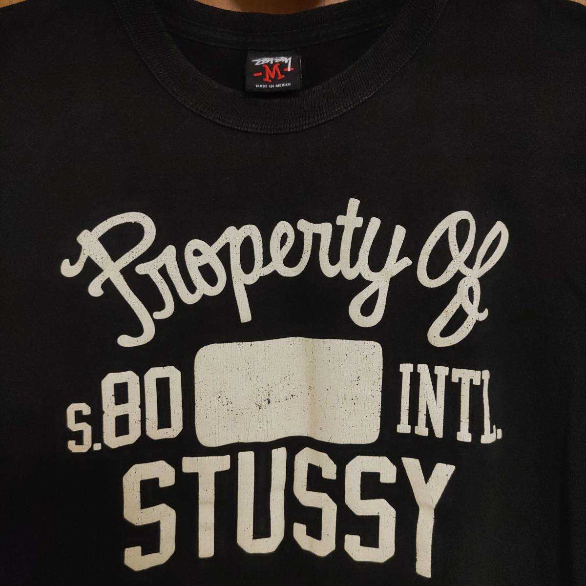 Property of s.80 INTL.STUSSYかすれ加工プリントロゴ80.s長袖TシャツMサイズ黒クリーム色BLACKロンT生成り半袖Tシャツjacket重ね着に☆_画像4