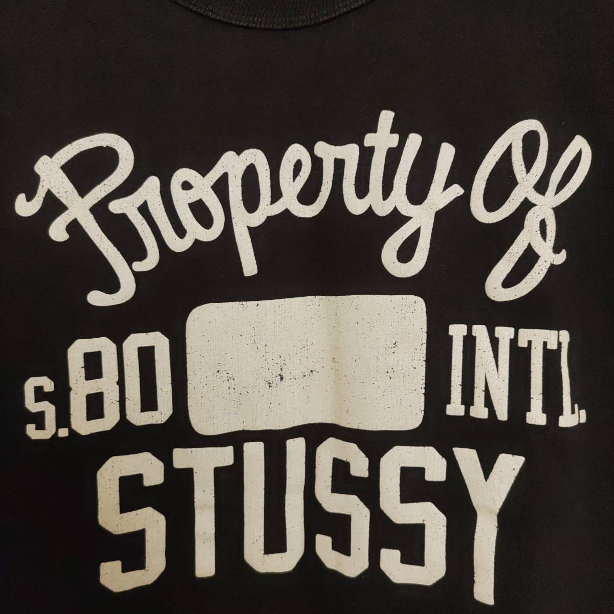 Property of s.80 INTL.STUSSYかすれ加工プリントロゴ80.s長袖TシャツMサイズ黒クリーム色BLACKロンT生成り半袖Tシャツjacket重ね着に☆_画像6