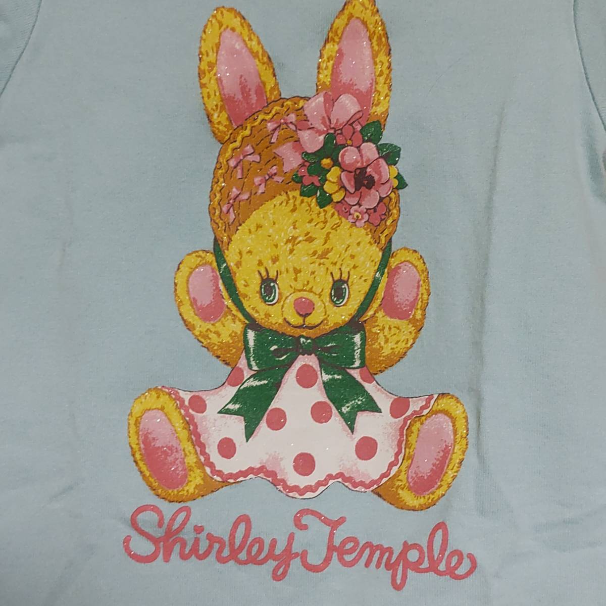 日本製シャーリーテンプルShirley  Templeミントグリーン100cmウサギ花リボン細身カットソー女の子キッズ子供こども80cm90cmラメ半袖Tシャツ