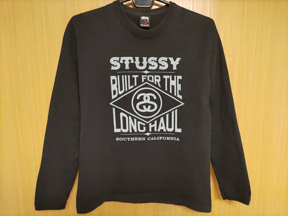 メキシコ製!ステューシーSSリンクロゴBUILT FOR THE LONG HAUL長袖TシャツSサイズ黒ブラック灰色STUSSYロンＴ半袖Ｔシャツjacket重ね着に☆_画像1