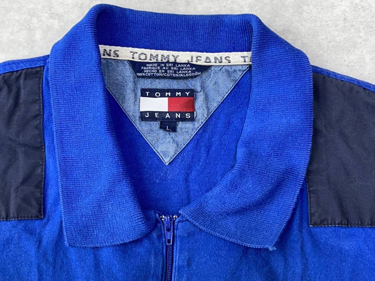 ☆送料無料☆ TOMMY JEANS トミージーンズ USA直輸入 古着 80's～90's 半袖 ハーフジップ シャツ メンズ L ブルー トップス 中古 即決_画像4