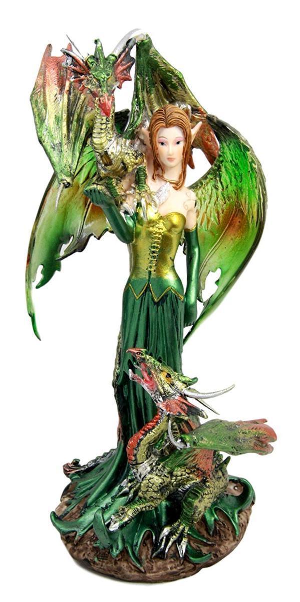 ２匹の守護グリーン・ドラゴンを連れた エメラルド色のエルフ（妖精）フェアリー・フィギュア彫像 彫刻(輸入品