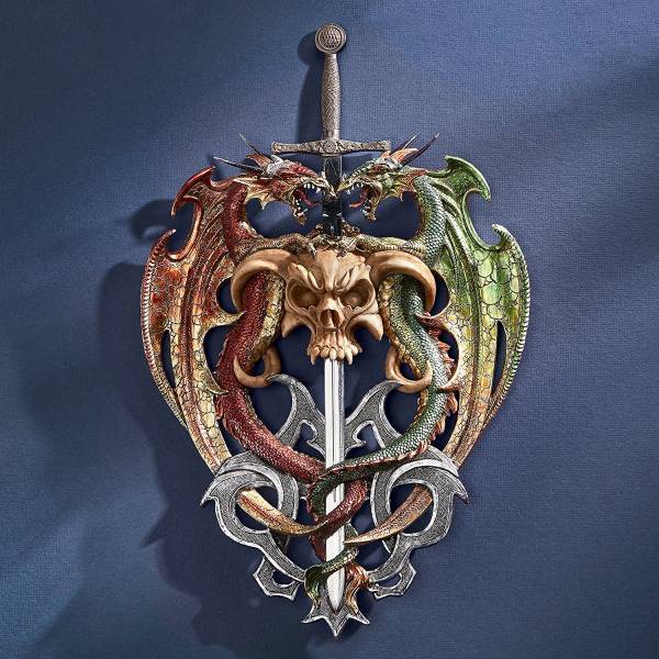剣と地獄のドラゴンが守っている、壁掛け彫刻 彫像/ ファンタジー 中世 アーサー王 （輸入品）
