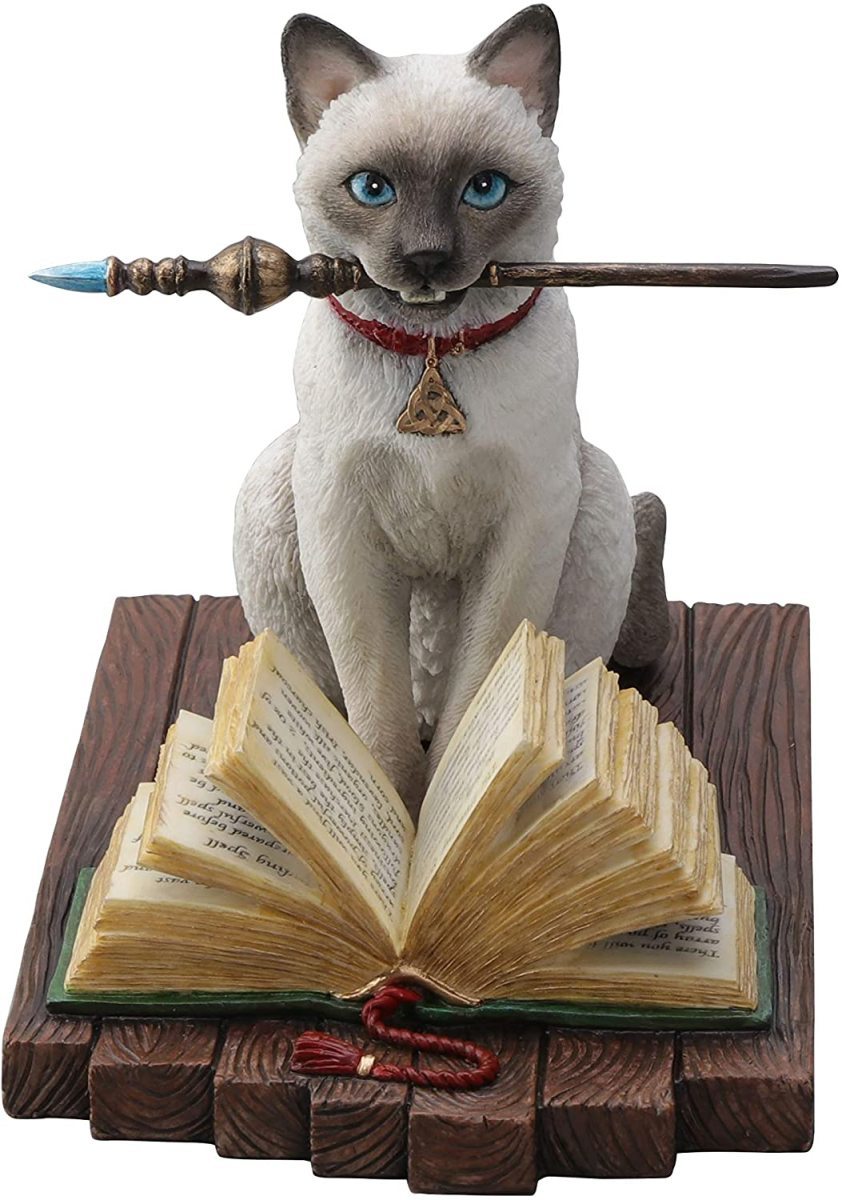 アーティスト；リサ・パーカー作「フォーカス・ポーカス（呪文）」 魔法の杖を咥えた、シャム猫彫像 彫刻(輸入品_画像1