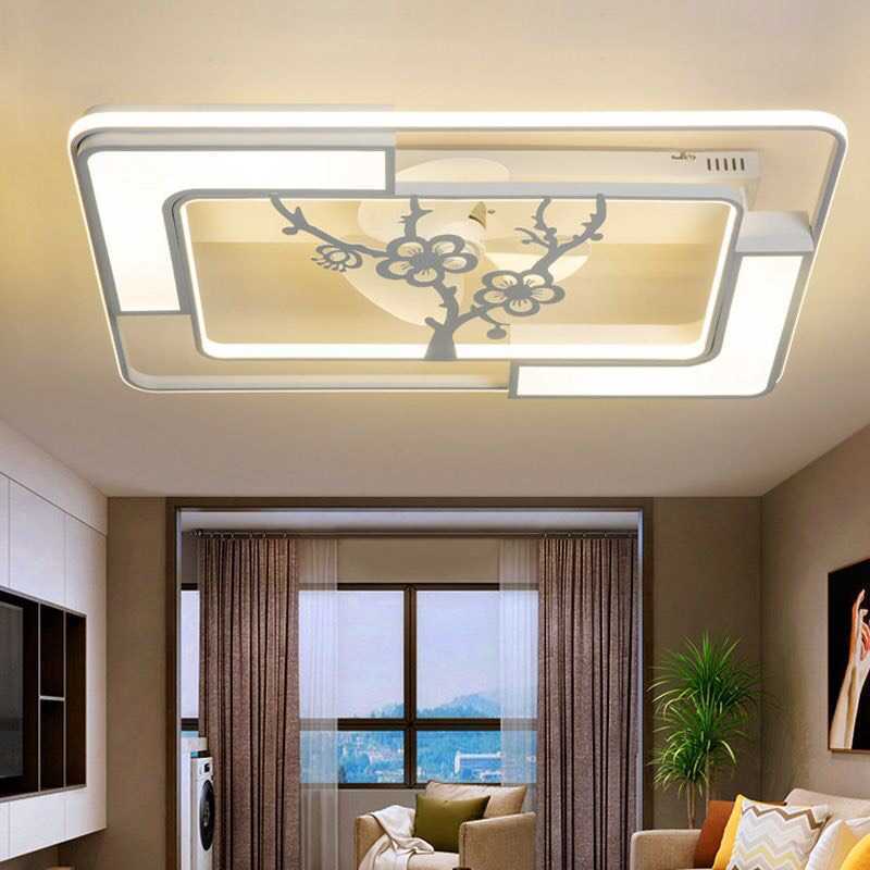 LEDシーリングファンライト リビング照明 寝室照明 天井照明 3階段調色 リモコン付　長方形　【花柄A】