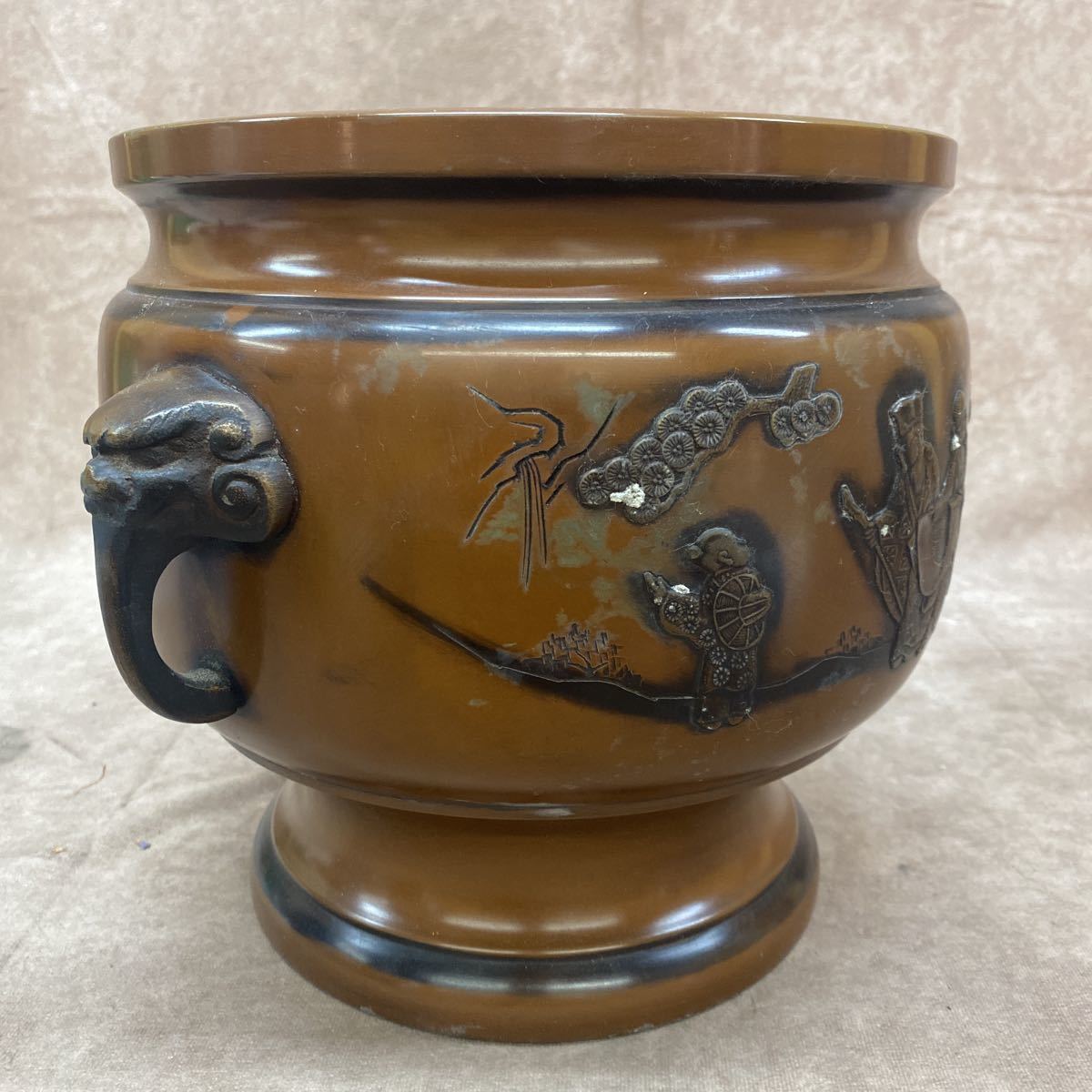昭和レトロ 火鉢 金属製 銅製 真鍮製 中国の絵 耳付き - ヤフオク!