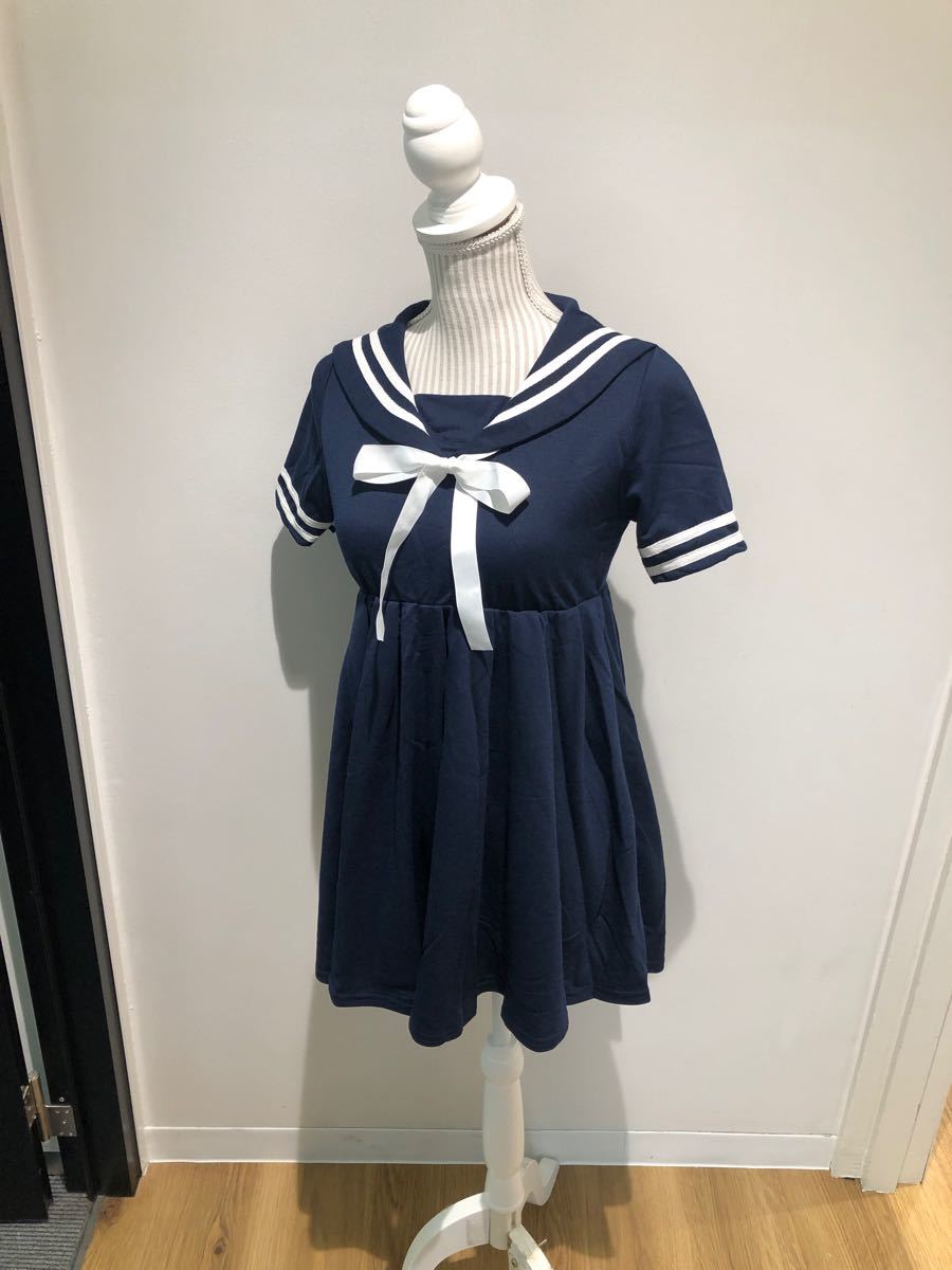 ロリータ セーラー風 セーラー服 学園 制服 ワンピース ネイビー コスプレ