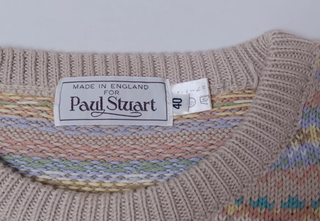 1985 手編み Paul Stuart 英国製 セーター 丸首 綿 編み込み 直筆腰タグ付き サイズ40・身幅約50.4cm※USED品/ヴィンテージ/入手困難/繊細_サイズ40・実測身幅約50.4cmです