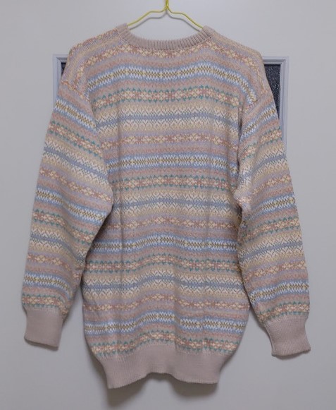 1985 手編み Paul Stuart 英国製 セーター 丸首 綿 編み込み 直筆腰タグ付き サイズ40・身幅約50.4cm※USED品/ヴィンテージ/入手困難/繊細_細やかで上品な編み込みです