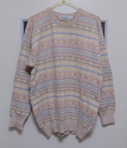 1985 手編み Paul Stuart 英国製 セーター 丸首 綿 編み込み 直筆腰タグ付き サイズ40・身幅約50.4cm※USED品/ヴィンテージ/入手困難/繊細_数回着用したUSED品です