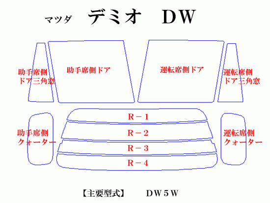 マツダ デミオ DW系　最高級ウィンドウフィルム　シルフィード　断熱スモーク IRカット92%(赤外線）　カット済みカーフィルム_画像2