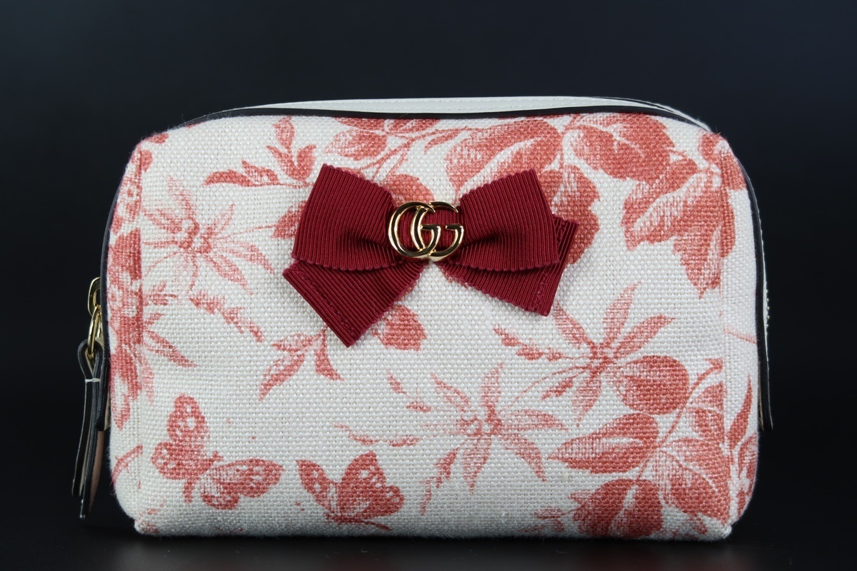 【新品同様・未使用】GUCCI グッチ イタリア製 マーモント リボン 花柄 化粧ポーチ 小物入れ キャンバス×レザー 442690・525040【FO12】