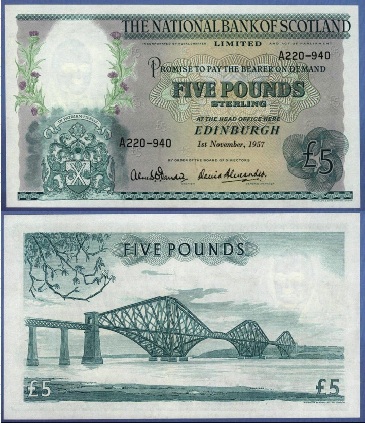 【スコットランド】◆1957年 ナショナル銀行 5POUNDS 5ポンド 未使用 希少