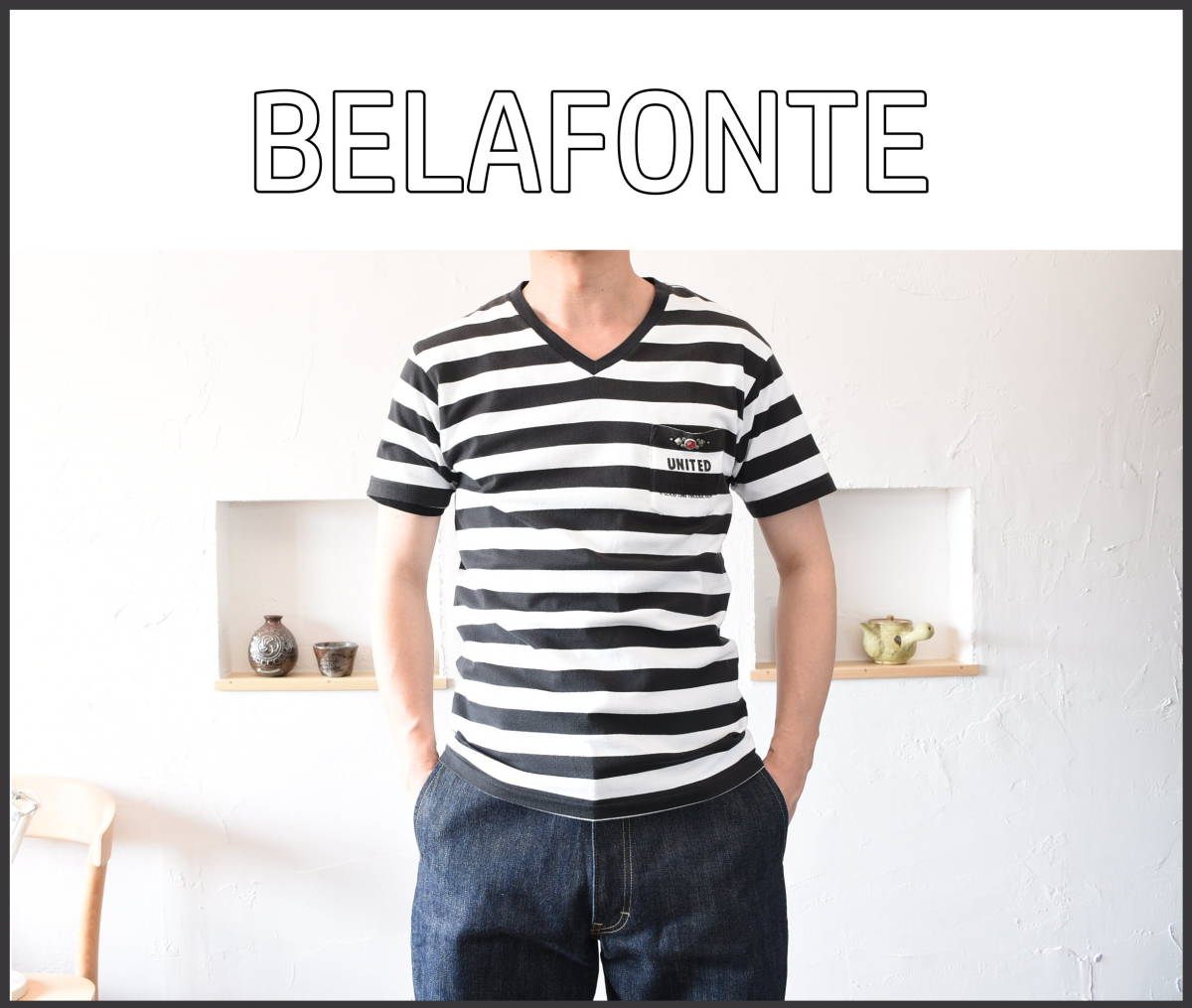 BELAFONTE　(ベラフォンテ) スタッズ打ち込みポケット・ボーダーTシャツ(S)　カットソー　日本製　MADE IN JAPAN　_画像4