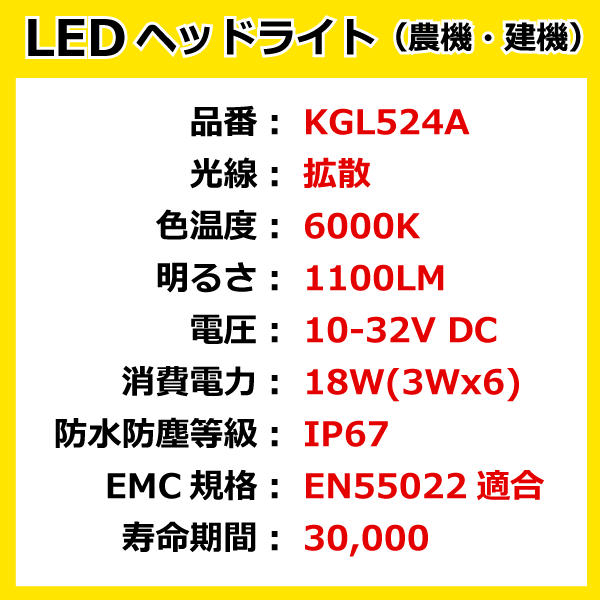 4個セット LED作業灯 KGL524A 18W（3W6連）角型 拡散 ヘッドライト 【12V/24V兼用】 6000K 1100LM IP67 10-32V 防塵 防水_画像3