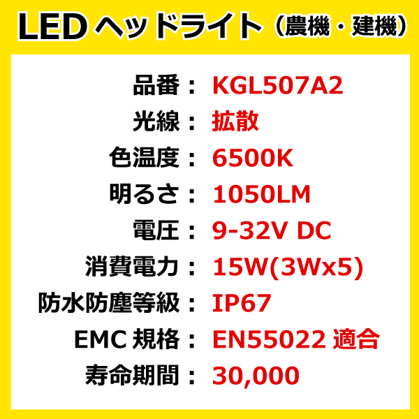 4個セット LED作業灯 KGL507A2 15W（3W5連）角型 拡散 ヘッドライト 【12V/24V兼用】 6500K 1050LM IP67 9-32V 防塵 防水_画像3