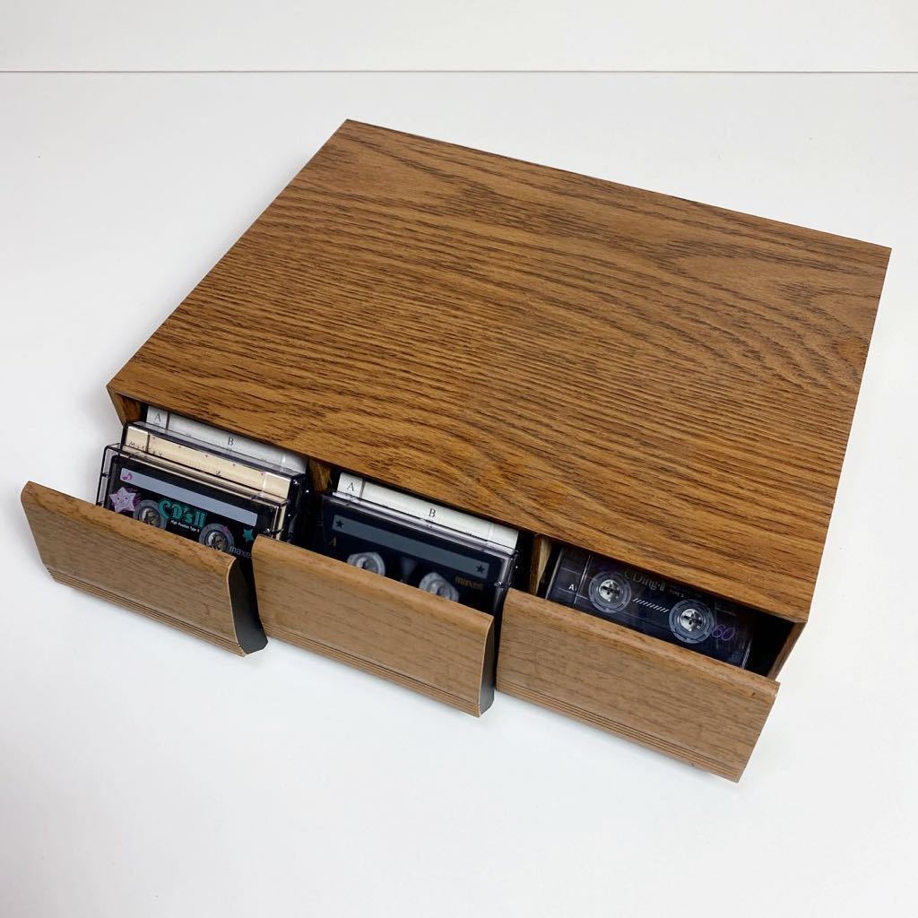 【昭和レトロ】ウッドパネル調 カセットテープ 収納ケース & 中古カセットテープ17本 爪有り 木製