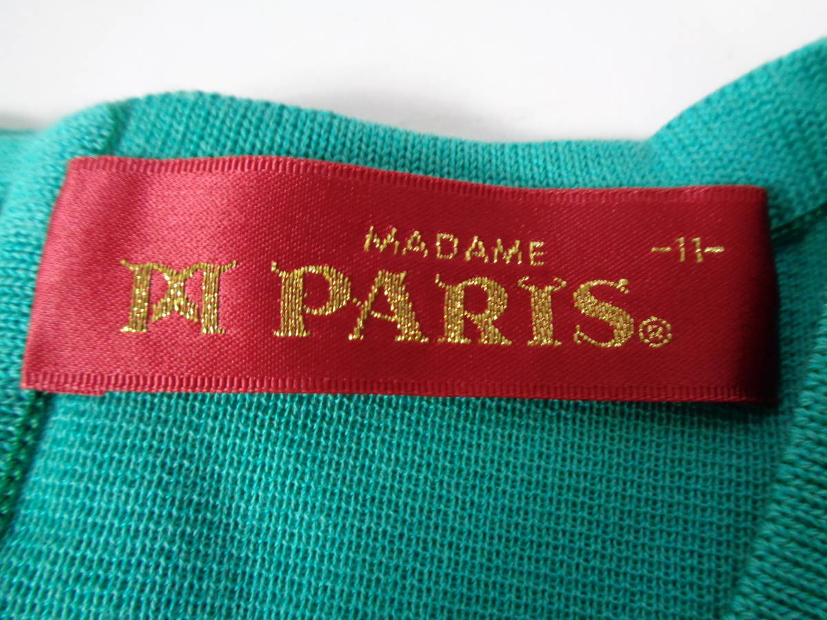 b534◆新品 MADAME PARIS ビビットカラーワンピース◆マダムパリス 11号 綿50×アクリル50混紡 グリーン色 オリジナルビット装飾付き4D_画像5