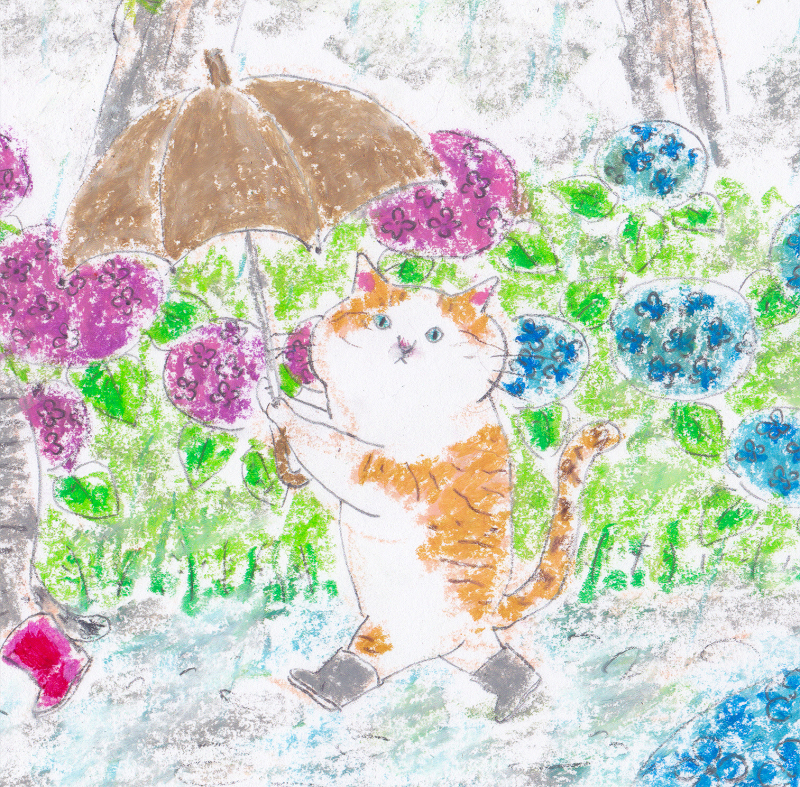 直筆・手描き　オリジナル猫イラスト★大雨注意報★猫イラスト・猫の絵・紫陽花・原画・風景・花と猫・アジサイと猫・クレヨン画・A4_画像3