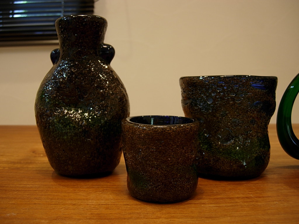 現代の名工 稲嶺 盛吉 紅珊瑚 酒器 4点 琉球 泡 ガラス 宙