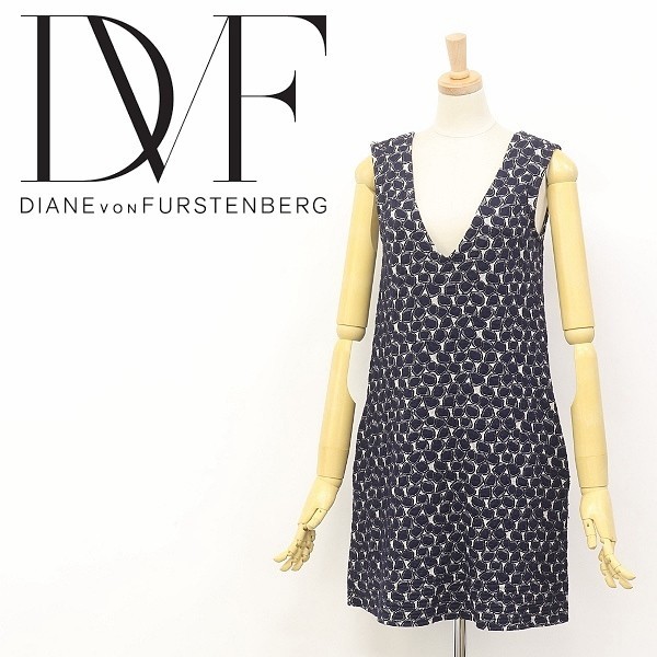 ◆Diane von Furstenberg/ダイアンフォン ファステンバーグ ストレッチ 総柄 ラメ混 バックシャン ニット ノースリーブ ミニ ワンピース 2_画像1