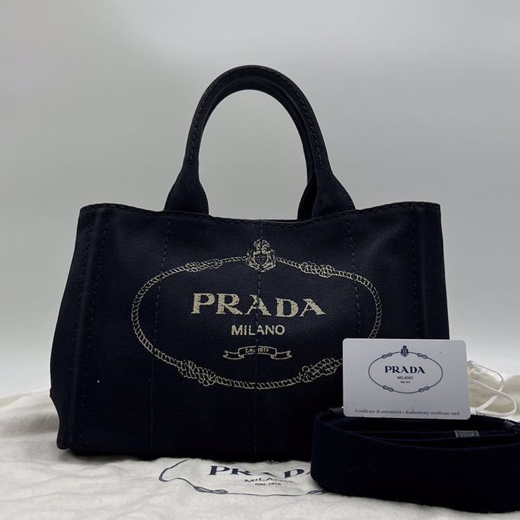 1円 【現行品・極美品】PRADA プラダ カナパ 2way ショルダーバッグ ハンド ロゴ 金具 三角プレート キャンバス レザー ネイビー 紺 正規品_画像2