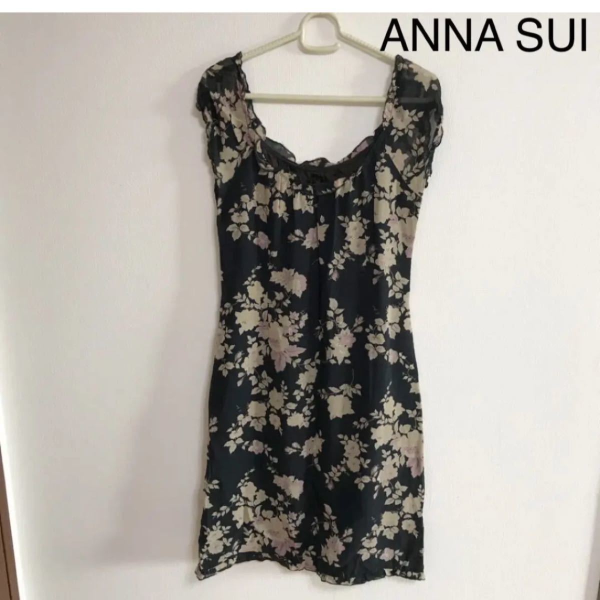 ANNA SUI アナスイ 花柄 膝丈ワンピース(裏地付き)  黒　ブラック